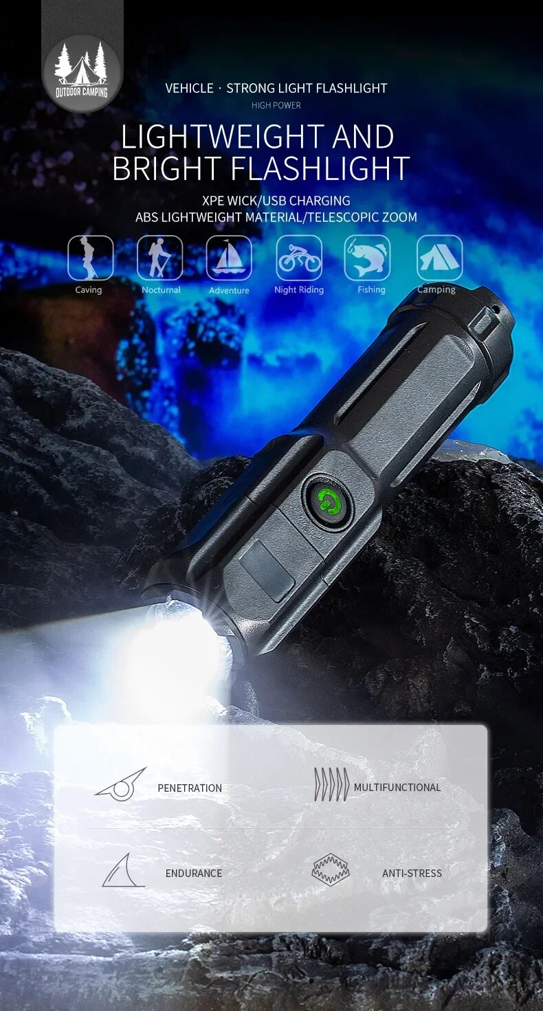 POWERFUL LED FLASHLIGHT WITH ZOOM - USB RECHARGEABLE CAMPING FLASHLIGHT