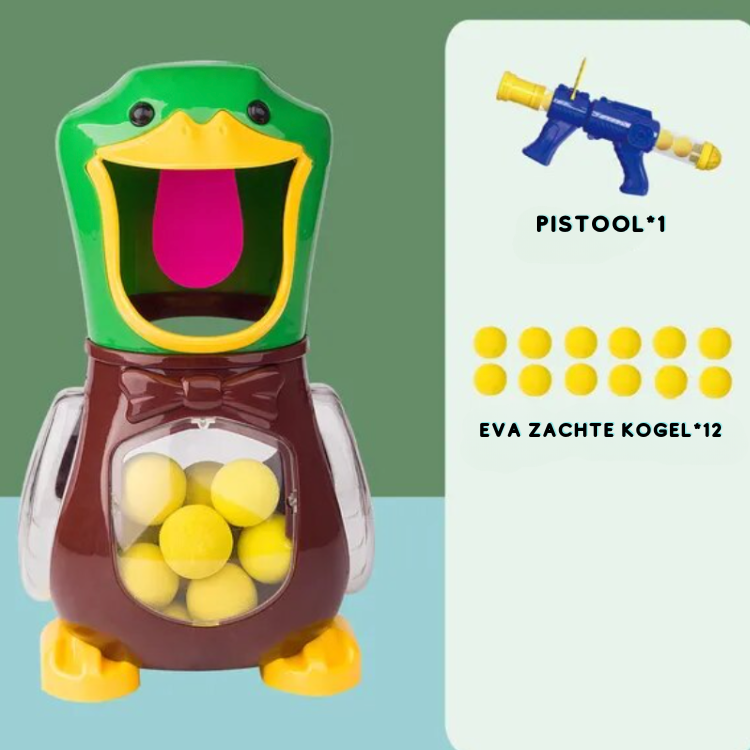 Pakketinhoud met één pistool en twaalf zachte schuimballen naast de eend met strikje 7