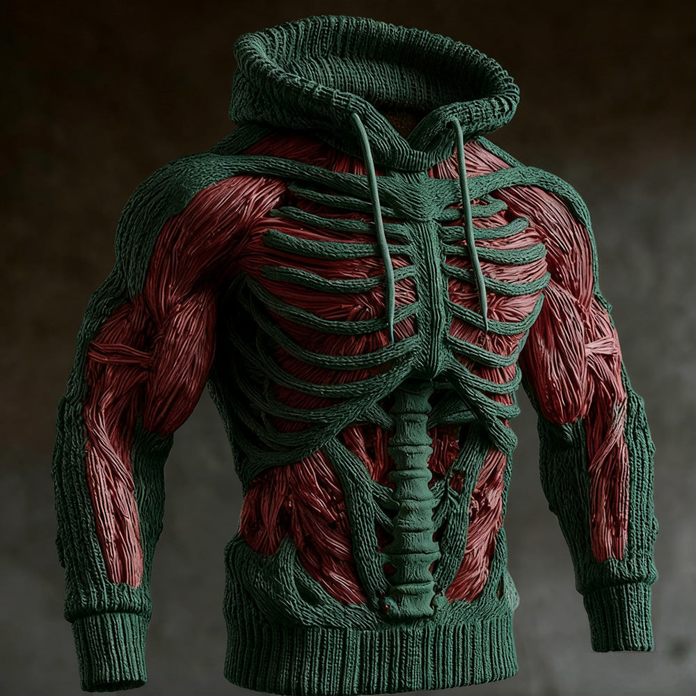 Donkergroene versie van de gebreide hoodie met 3D skeletreliëf en rode spieren, met capuchon en trekkoord. 3