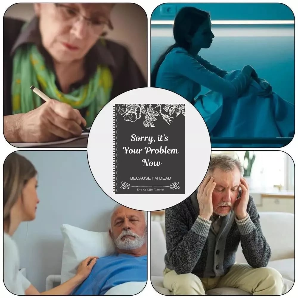 Collage van vier foto's rond de planner: een vrouw die schrijft, een mistroostige vrouw, een zieke man met verzorgster en een man met handen aan zijn hoofd. 3