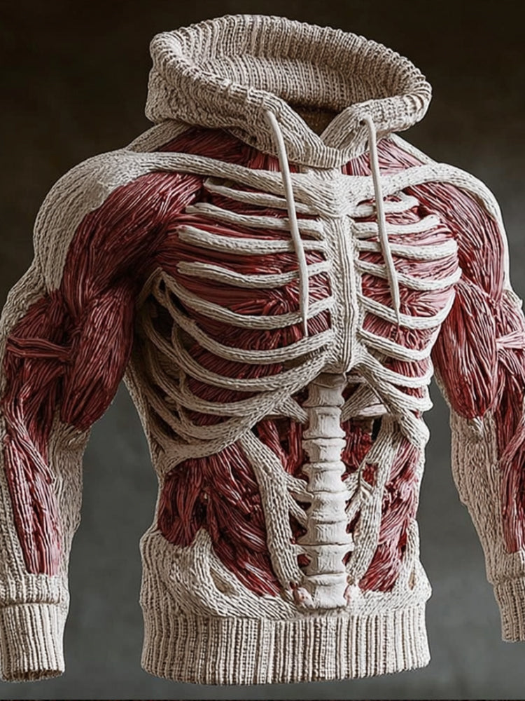 Crèmewitte versie van de gebreide hoodie met 3D ribbenkast en wervelkolom, rode spiervezels en gebreide ribboorden. 5