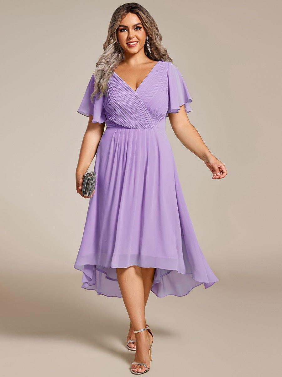 Chiffon jurk voor een bruiloftsgast met een asymmetrische zoom, V-hals en korte mouwen 105