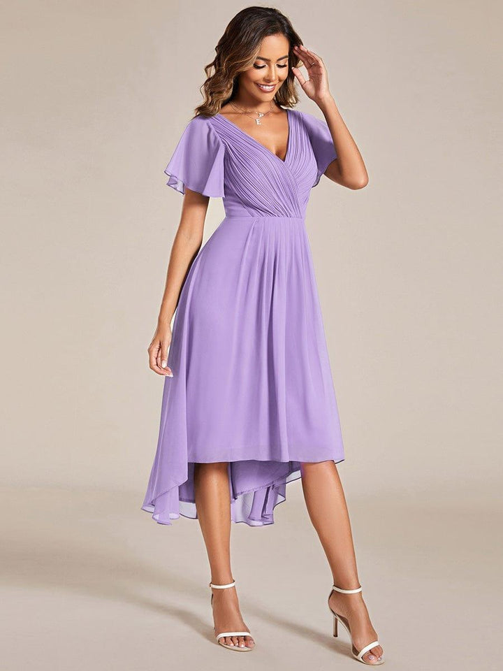 Chiffon jurk voor een bruiloftsgast met een asymmetrische zoom, V-hals en korte mouwen 104
