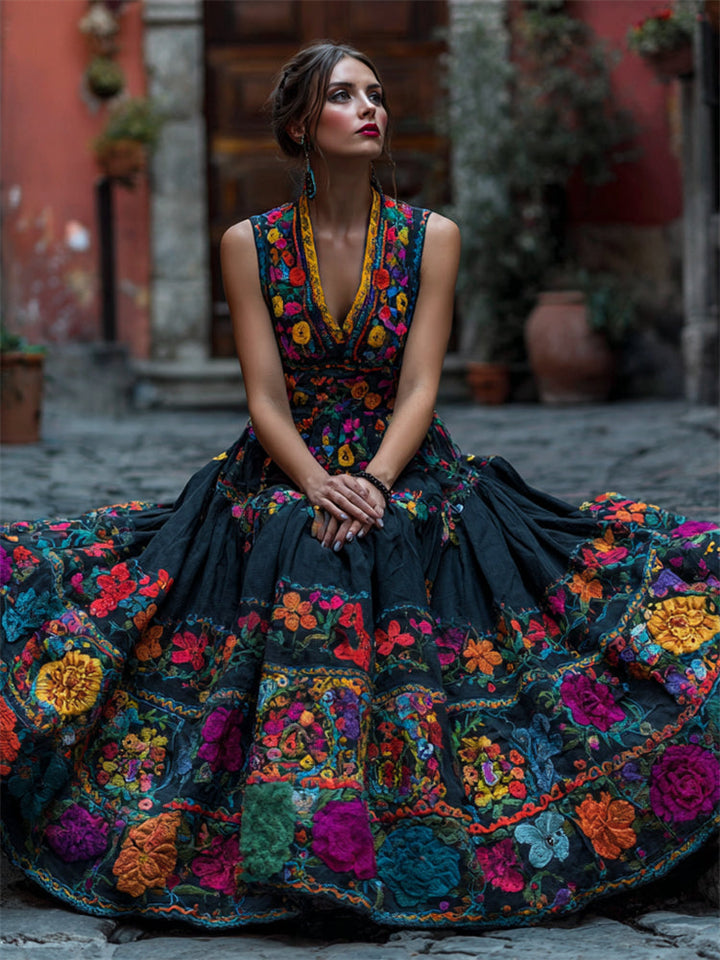 Vrouw zit op een plaveisel in de zwarte maxi-jurk met kleurrijk geborduurde bloemen, V-hals en wijd uitwaaierende rok. 1