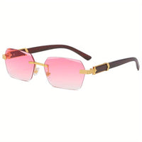Rimless Sunglasses with Rectangular Lenses and Faux Wood Temples – Verro