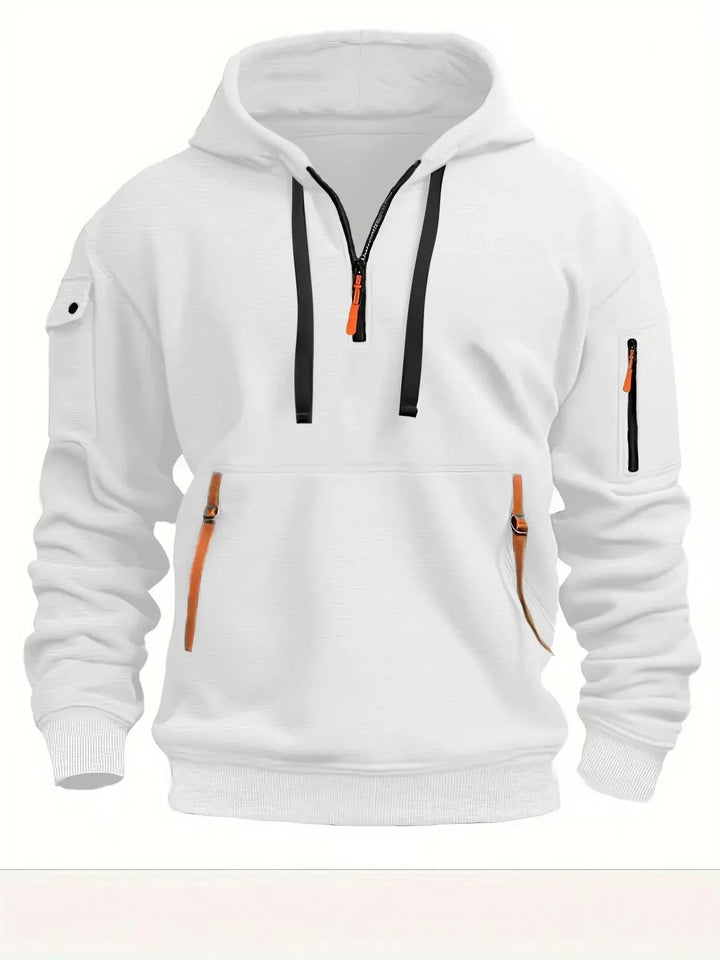 Witte hoodie van voren met zwarte trekkoorden, oranje ritstrekkers en een rits op de mouw. 3