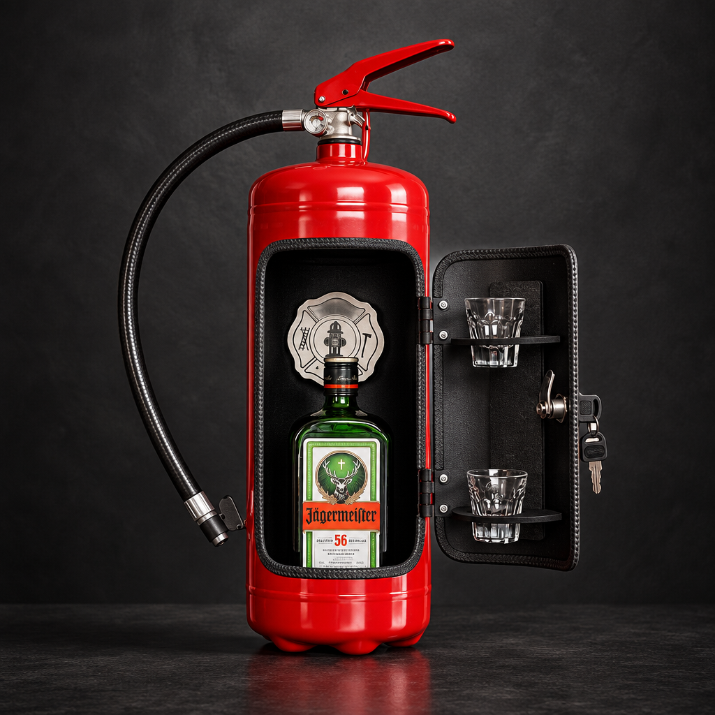 Geopende rode brandblusser-minibar met groene fles en twee glaasjes tegen een donkere achtergrond 9