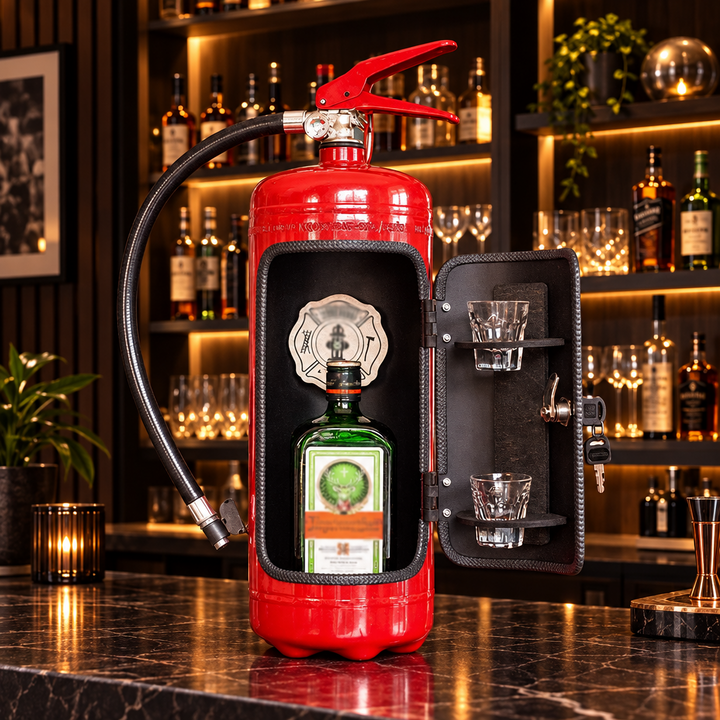 Open rode brandblusserbar met fles en twee glazen op een marmeren bar met verlichte flessenplanken 9