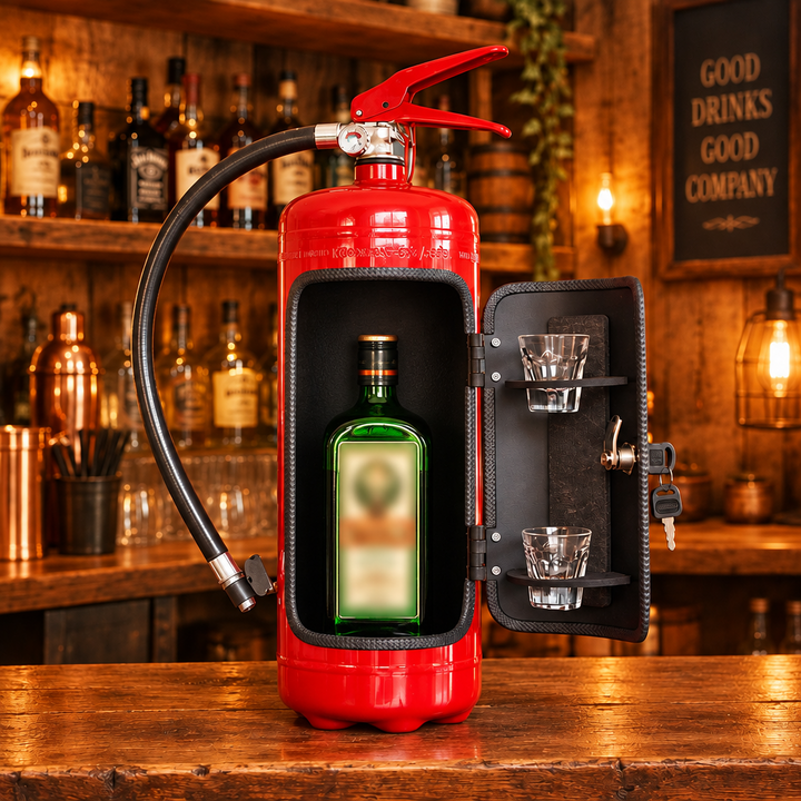 Rode brandblusserbar met open deurtje, fles en twee glaasjes, op een houten toog in een sfeervolle bar 1