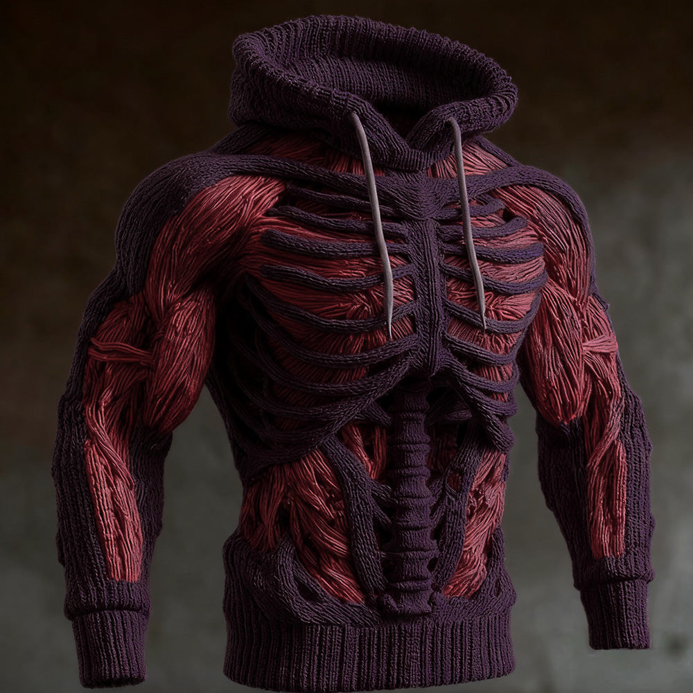 Donkerpaarse versie van de gebreide hoodie met 3D ribbenkast en rode spierpartijen, met lichte trekkoordjes. 4