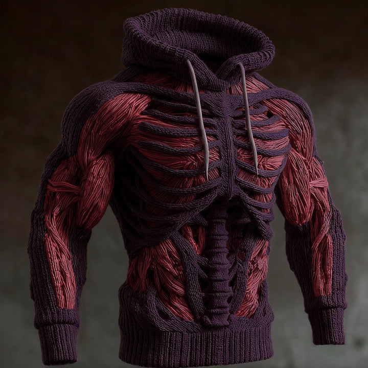Donkerpaarse versie van de gebreide hoodie met 3D ribbenkast en rode spierpartijen, met lichte trekkoordjes. 4