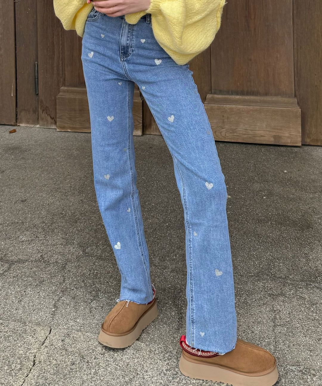 Women's Stretch Jeans with Wide Legs and Heart Print - Amelie