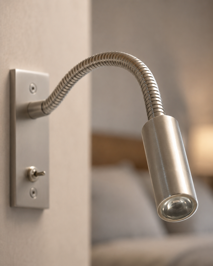Close-up van de lamp in geborsteld zilverkleurig metaal: de wandplaat met tuimelschakelaar, de gegolfde arm en de ronde lampkop. 7