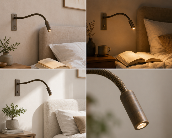 Collage van vier beelden met de lamp in een bronskleurige afwerking: in slaapkamers, bij een open boek en als close-up. 5