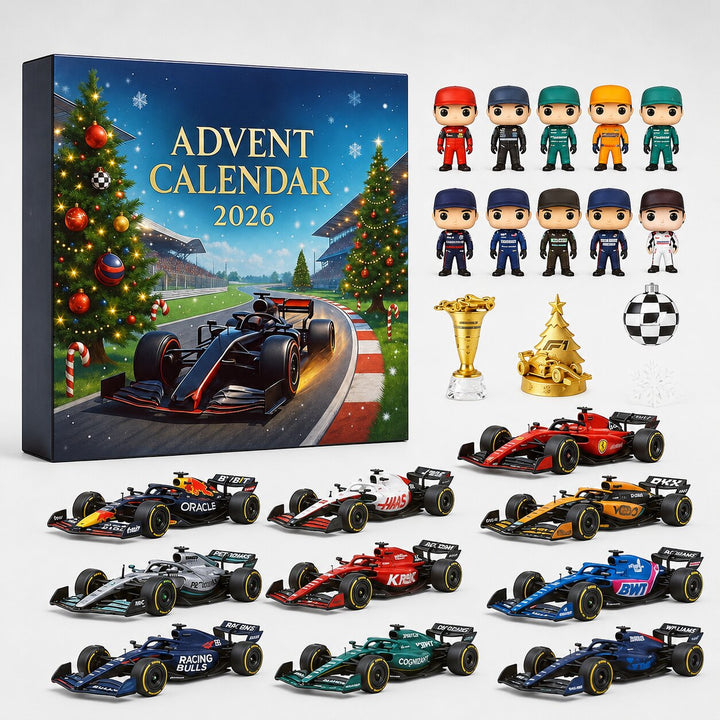 Doos met kerstachtige racecarprint, daarnaast alle verrassingen uitgestald: tien poppetjes van coureurs, tien modelraceauto's, een gouden beker, een kerstboompj 1