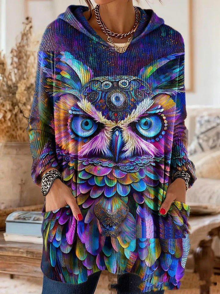Variant met kleurrijke uil in paars, blauw en groen als print, gedragen door een model met de handen in de zakken. 3