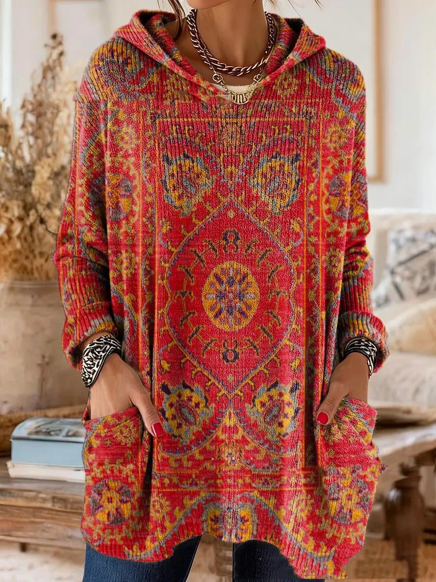 Close-up van de rode tuniek met geel en blauw sierpatroon, model met handen in de zakken, capuchon en lange mouwen. 4