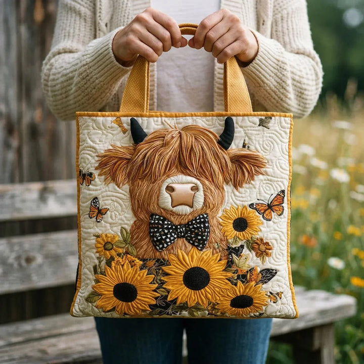 Vrouw in crèmekleurig vest houdt de gewatteerde shopper met hooglander en zonnebloemen aan de gele hengsels vast, tegen een weidse achtergrond. 2
