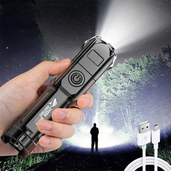 POWERFUL LED FLASHLIGHT WITH ZOOM - USB RECHARGEABLE CAMPING FLASHLIGHT