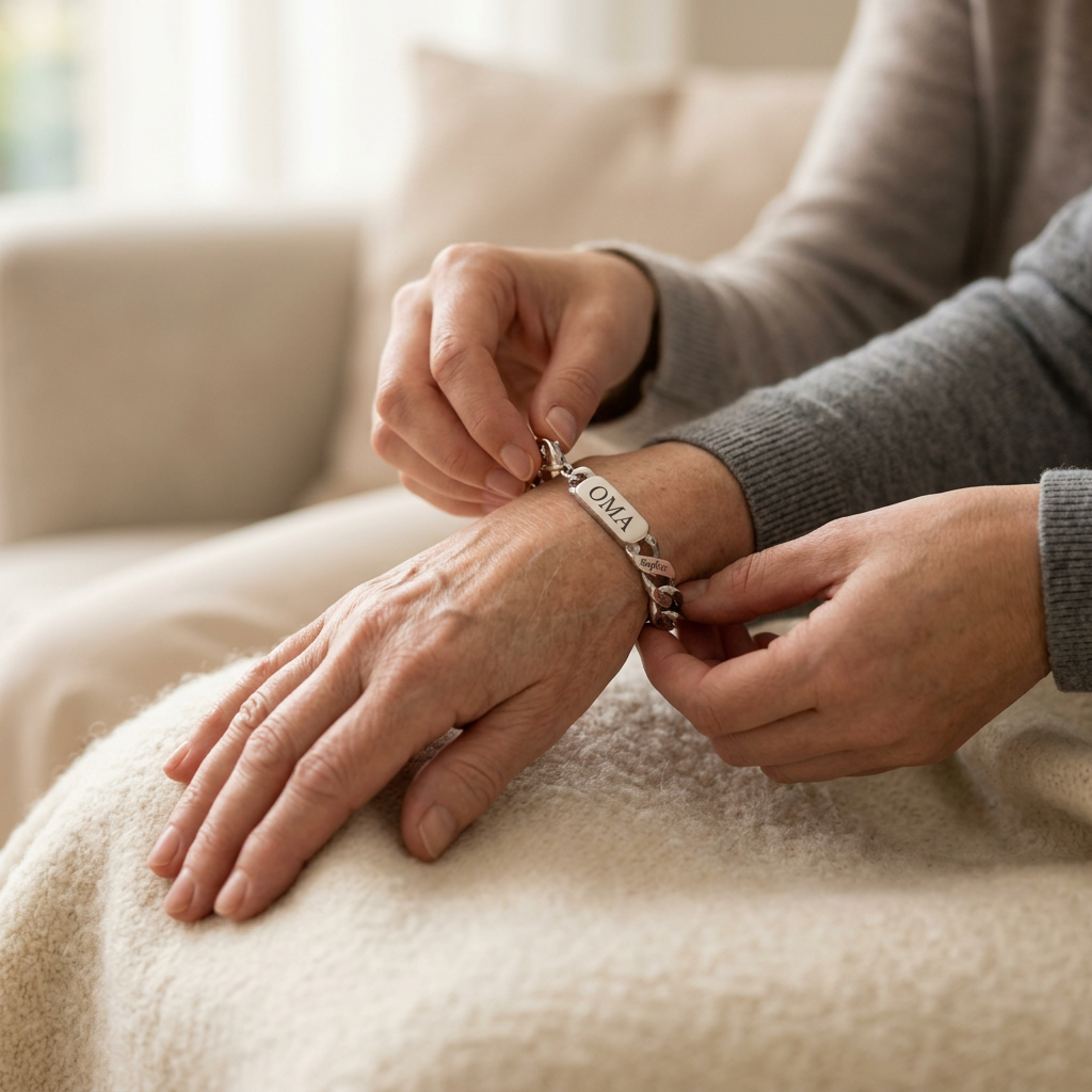 Twee handen doen een zilverkleurige armband met gegraveerd middenplaatje om de pols van een oudere vrouw, zittend op een crèmekleurige deken. 3