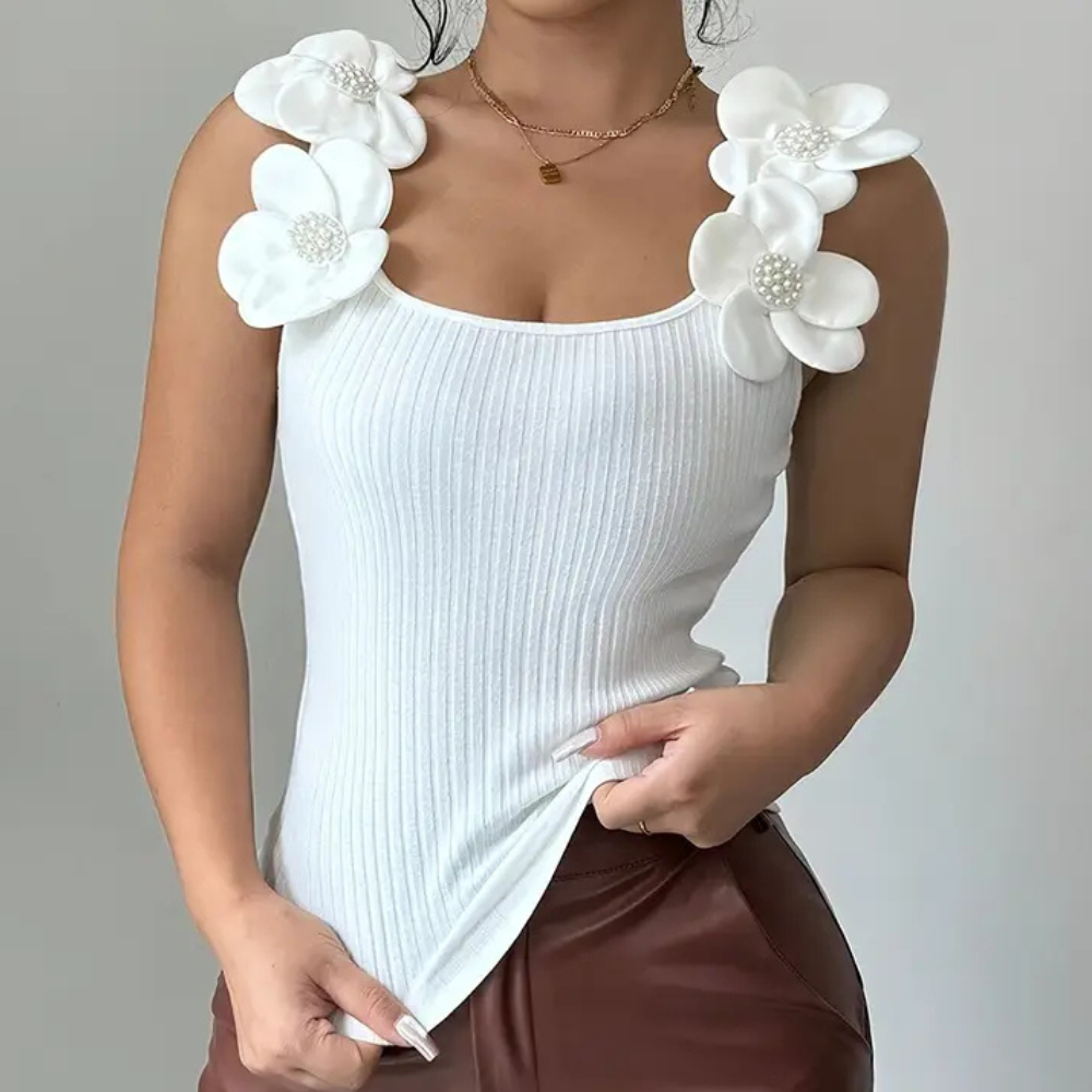 Trendy White Sleeveless Women's Top with Floral Details - Elara