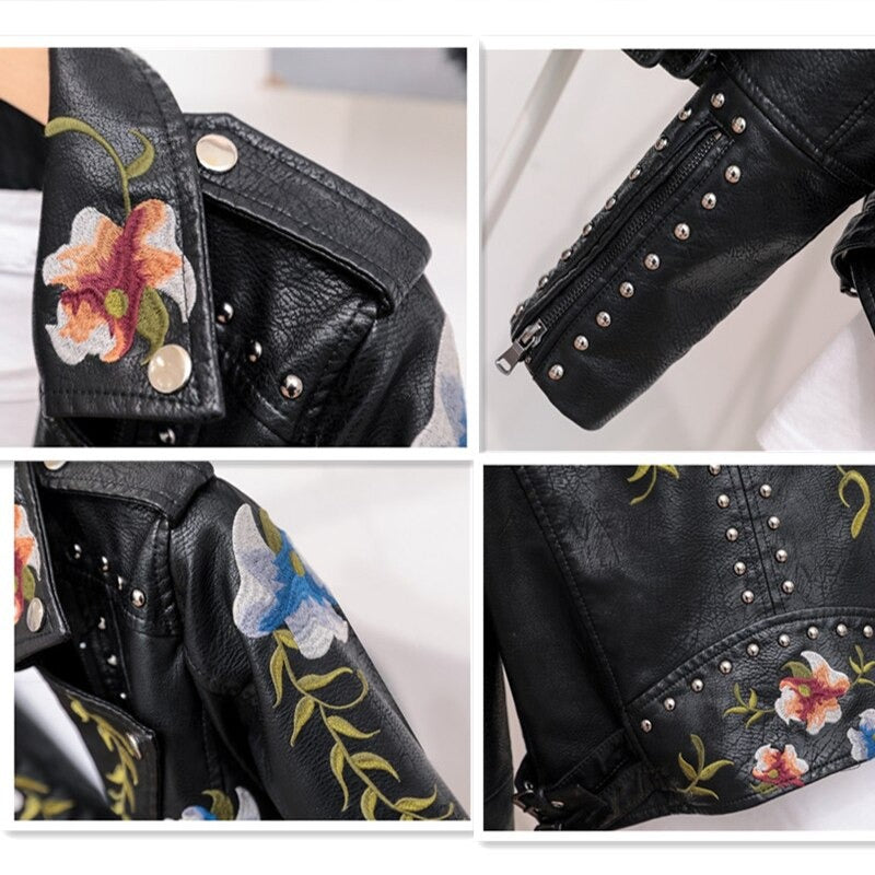 Embroidered Women's Faux Leather Motorcycle Jacket – Eleonora
