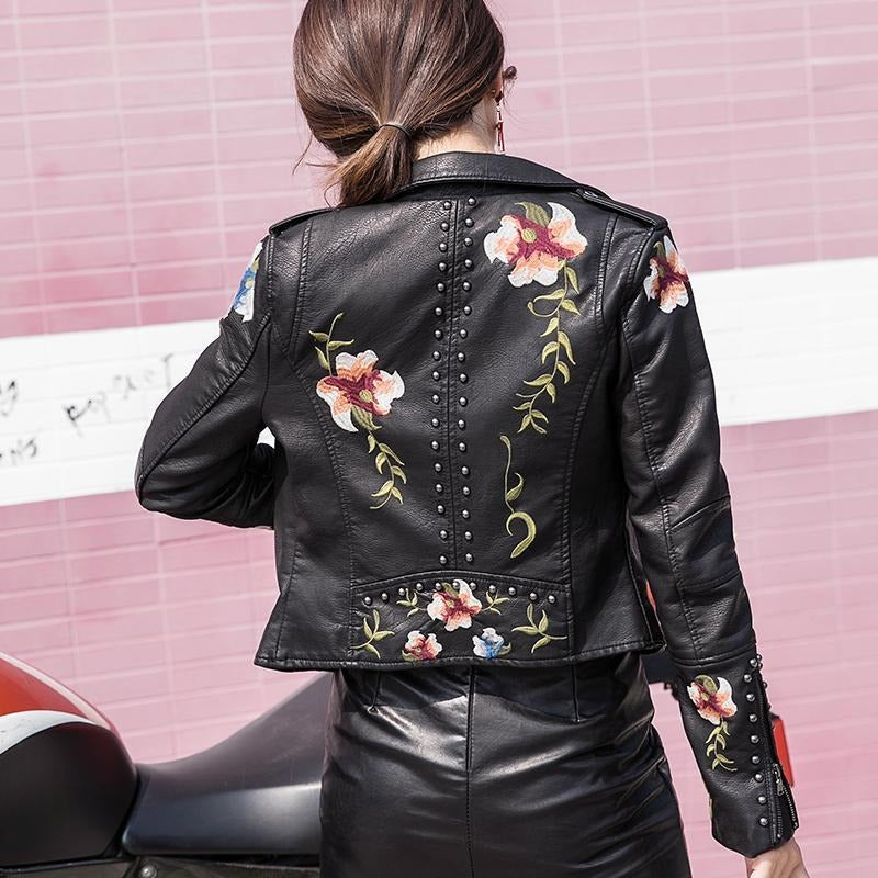 Embroidered Women's Faux Leather Motorcycle Jacket – Eleonora