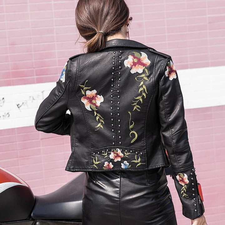 Embroidered Women's Faux Leather Motorcycle Jacket – Eleonora