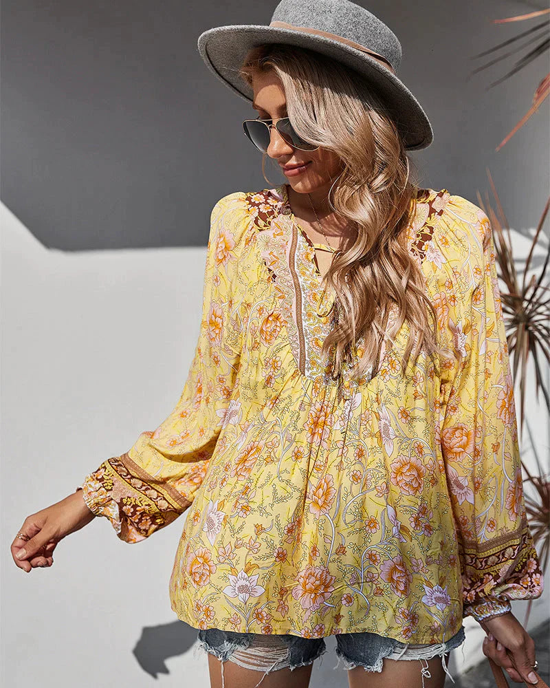 Vintage boho letnia bluzka z kwiatowym nadrukiem i długimi rękawami – Sana