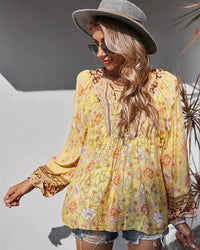 Vintage boho letnia bluzka z kwiatowym nadrukiem i długimi rękawami – Sana