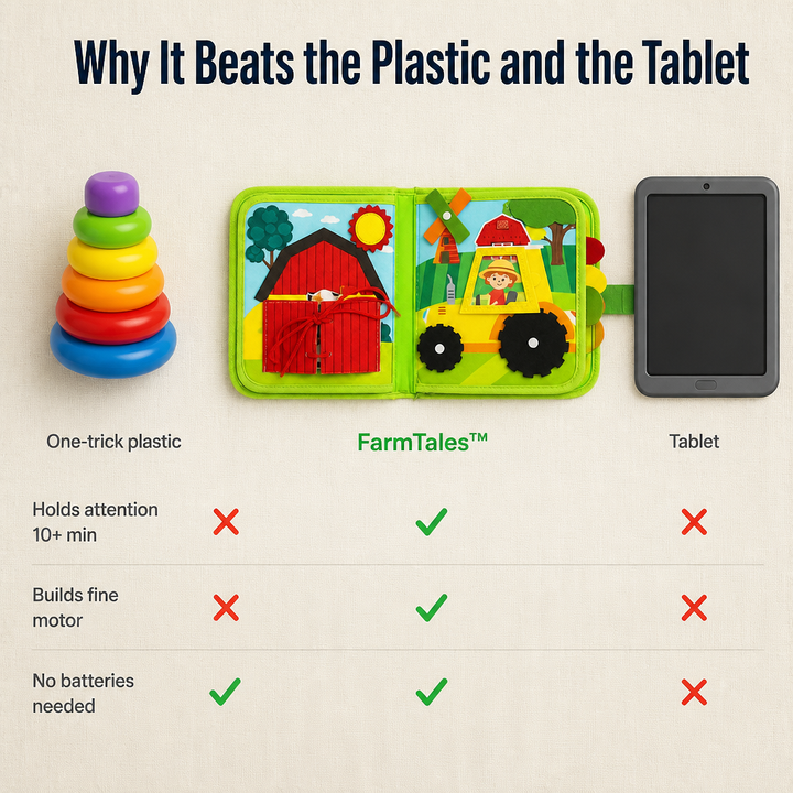 Vergelijking van het vilten boek met een stapelspeeltje van plastic en een tablet, met vinkjes en kruisjes eronder. 6