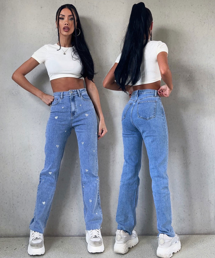 Women's Stretch Jeans with Wide Legs and Heart Print - Amelie