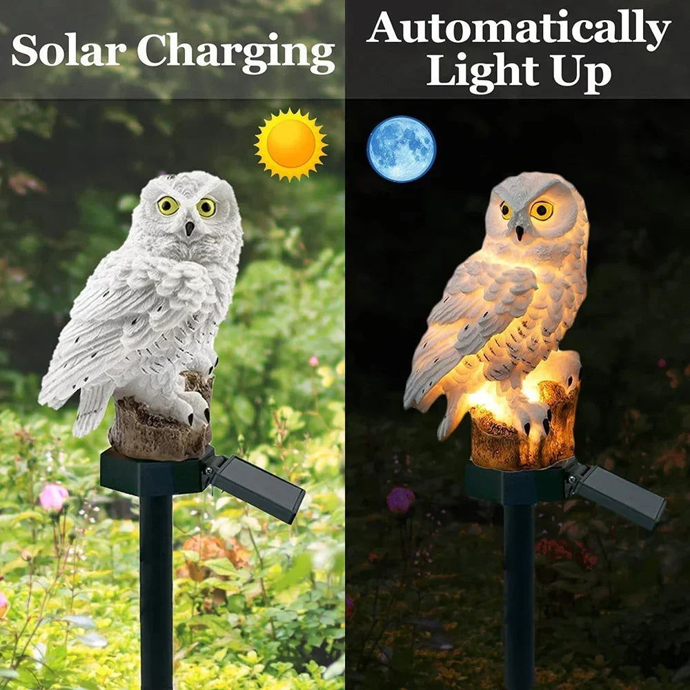 Naast elkaar: de uil overdag zonder licht tijdens het opladen op zonlicht en 's nachts automatisch brandend. 5