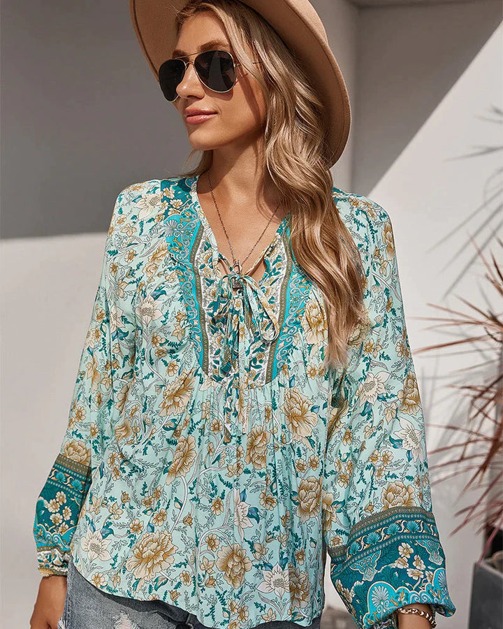 Vintage boho letnia bluzka z kwiatowym nadrukiem i długimi rękawami – Sana