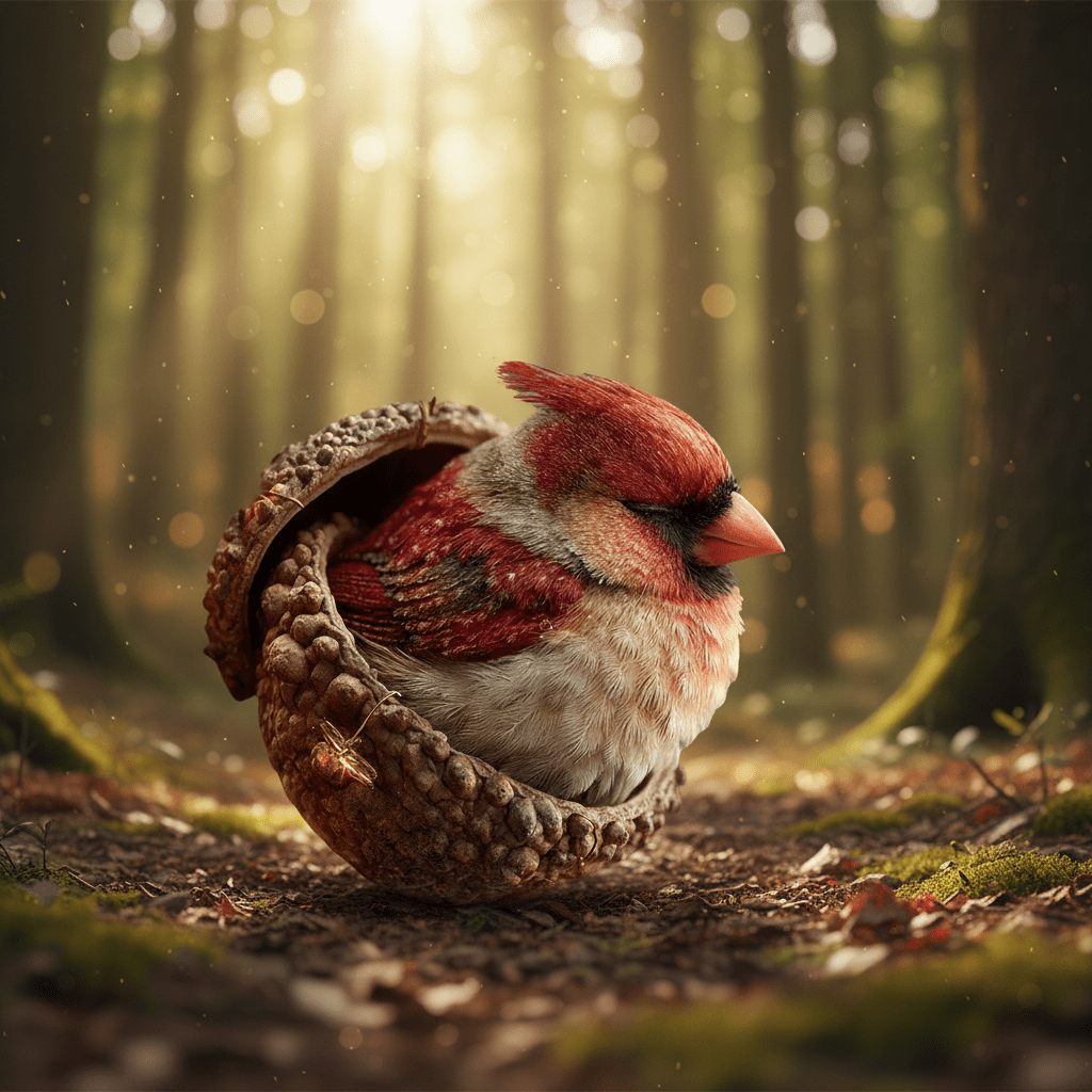 Rood-wit vogeltje slaapt in een geopende eikel op de bosgrond met mos en blaadjes 2