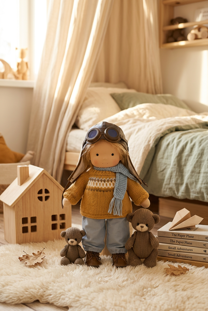 Pop in vliegeniersmuts met bril, mosterdkleurige trui en sjaal, staand tussen twee gebreide beertjes in een kinderkamer 1