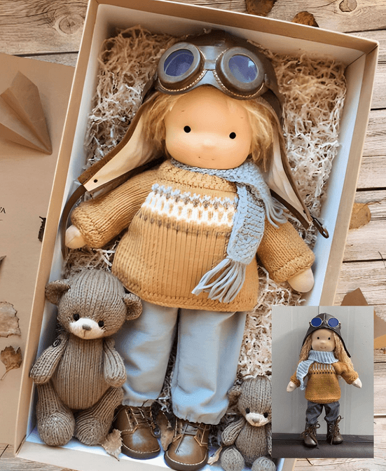 Pop met vliegeniersbril en -muts, gebreide trui en blauwe sjaal in doos met twee gebreide beertjes 2