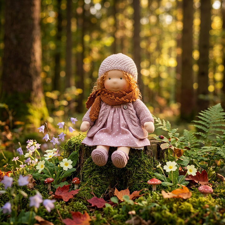 Pop met gebreide muts, sjaal en vestje zittend op een mossige boomstronk in het bos 1