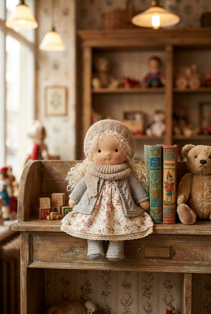 Zachte pop met blond krullend haar, gebreid vest en bloemenjurk, zittend op een houten plank tussen oude boeken 1