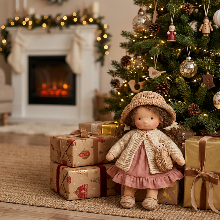 Pop met gehaakte strohoed, vest en roze jurk zittend naast cadeaus bij een kerstboom 1
