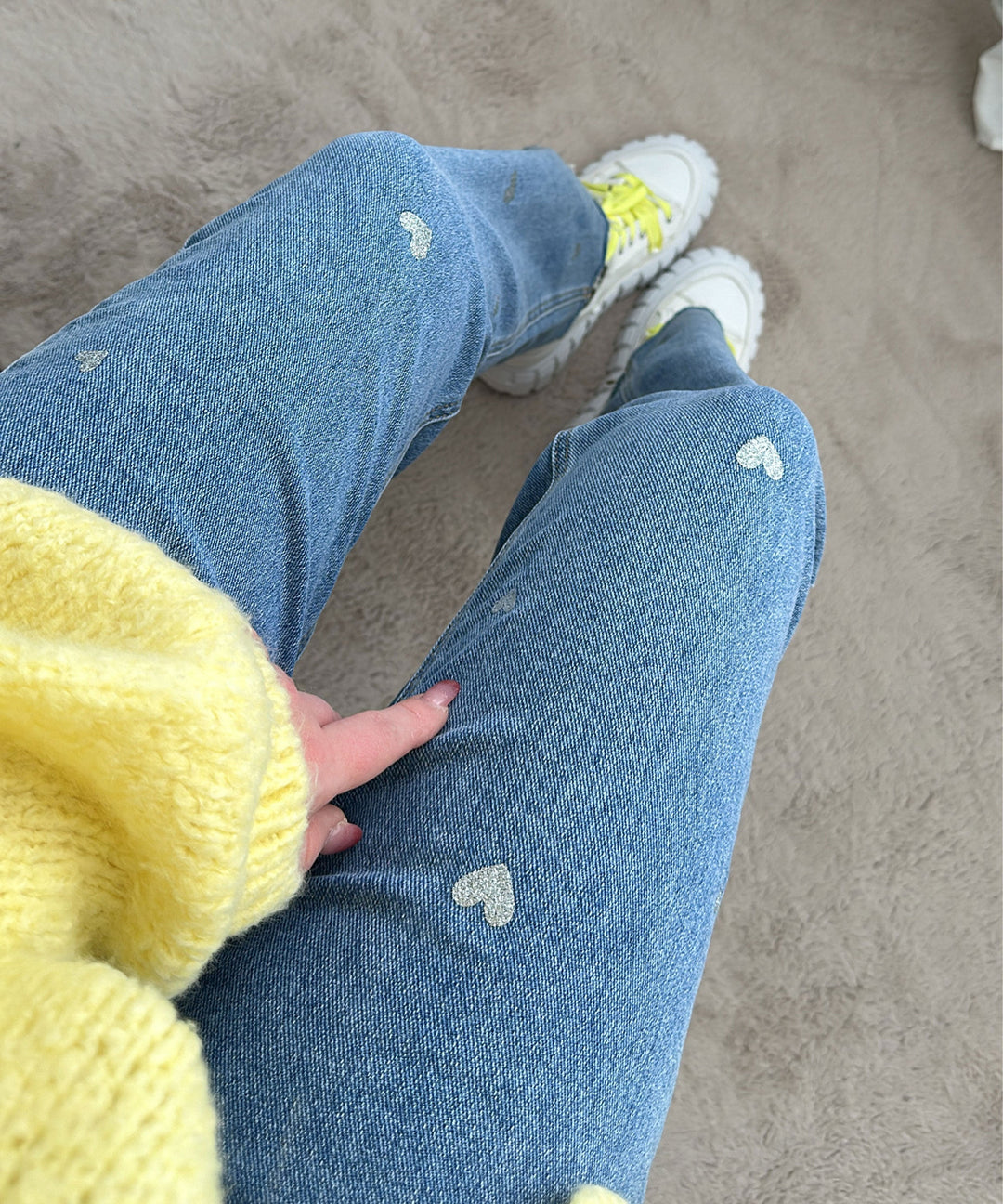 Women's Stretch Jeans with Wide Legs and Heart Print - Amelie