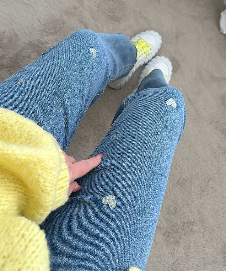 Women's Stretch Jeans with Wide Legs and Heart Print - Amelie