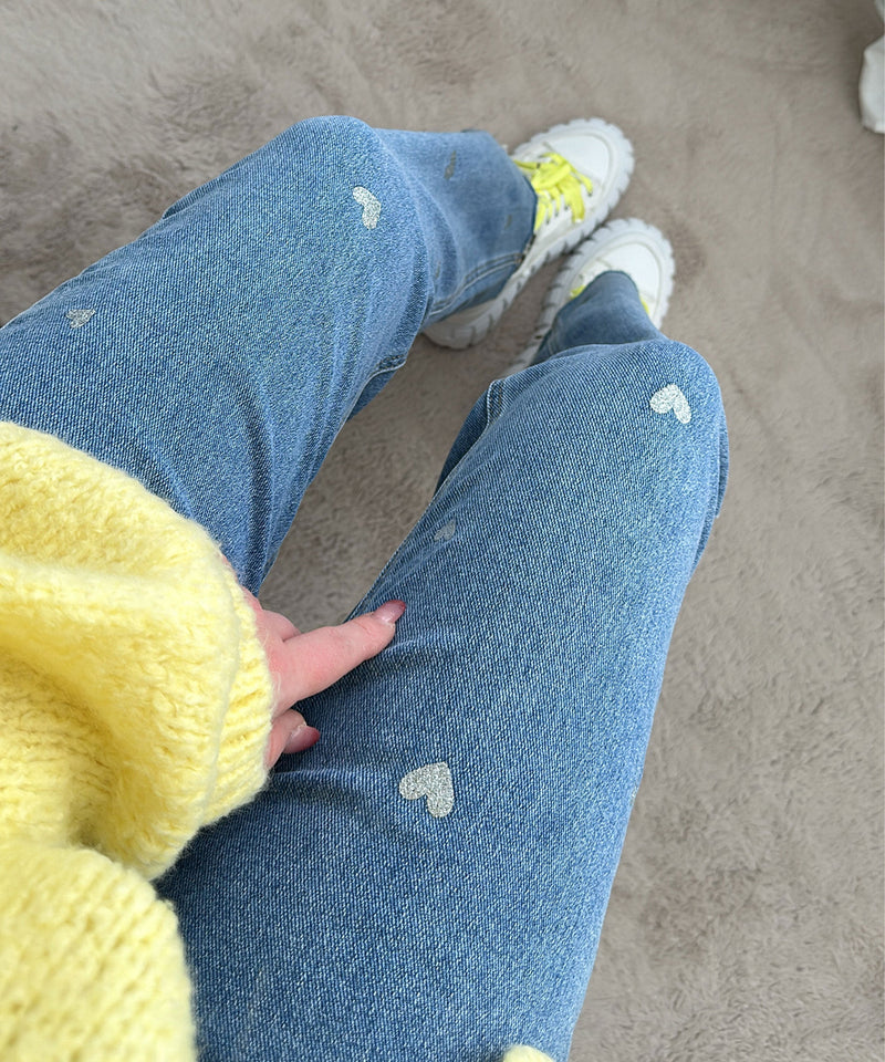 Women's Stretch Jeans with Wide Legs and Heart Print - Amelie