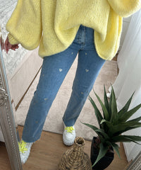 Women's Stretch Jeans with Wide Legs and Heart Print - Amelie