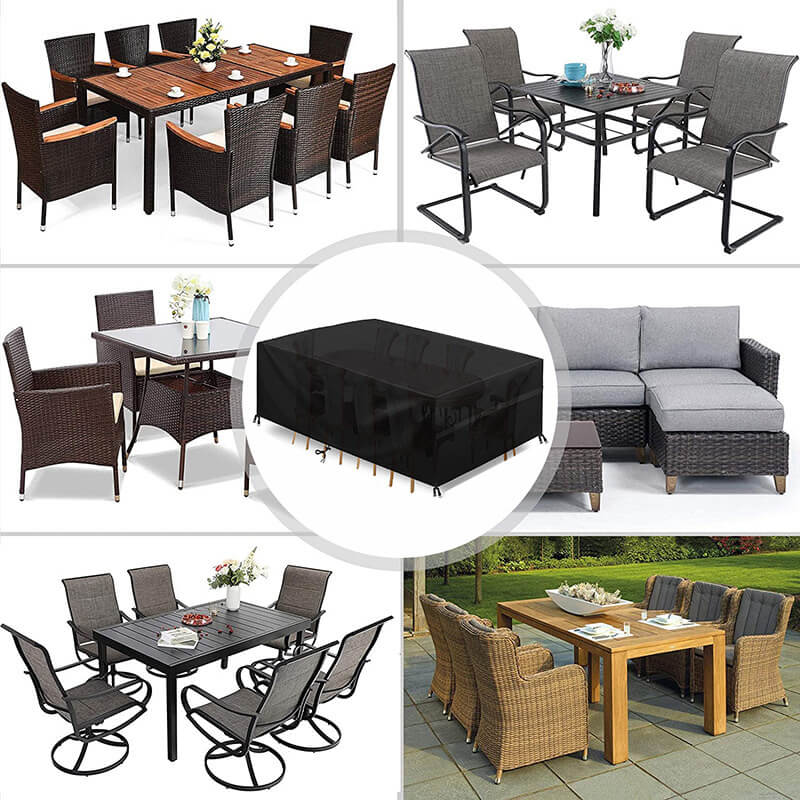 Zwarte hoes in het midden, omringd door zes soorten tuinmeubilair: rotan en houten eettafels, metalen stoelen en een loungeset. 2