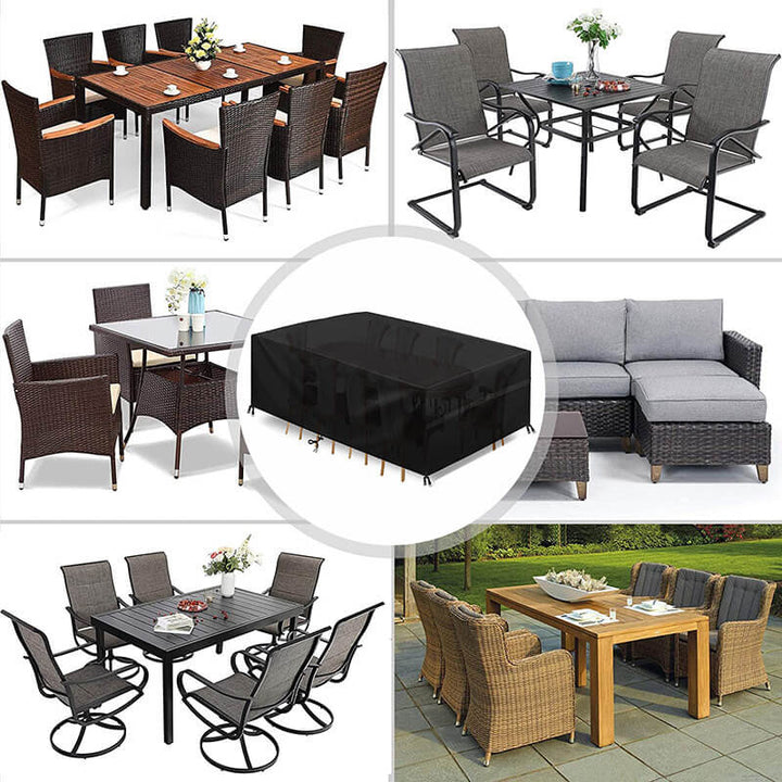 Zwarte hoes in het midden, omringd door zes soorten tuinmeubilair: rotan en houten eettafels, metalen stoelen en een loungeset. 2