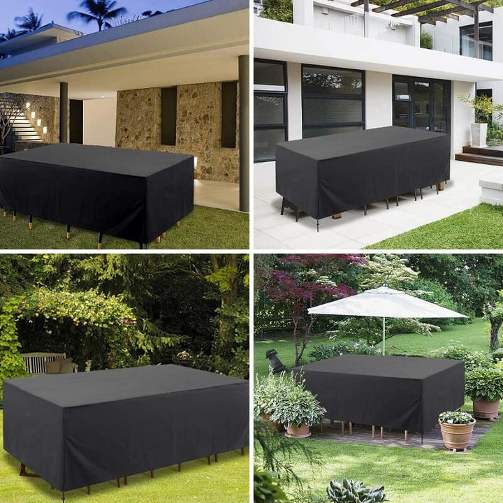 Vier foto's van de zwarte hoes over tuinmeubilair bij een huis, een patio en in een tuin met parasol. 4