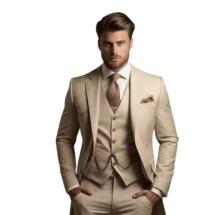 Model draagt het kostuum in beige met wit overhemd, bruine das, pochet en horlogeketting aan het gilet, handen in de zakken. 2