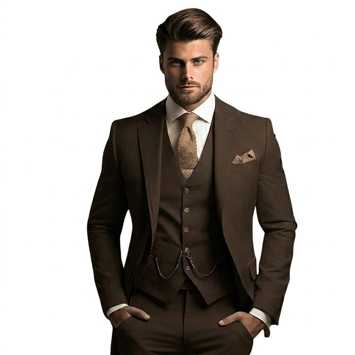 Model draagt het kostuum in donkerbruin met wit overhemd, beige gebreide das, pochet en horlogeketting aan het gilet, handen in de zakken. 4