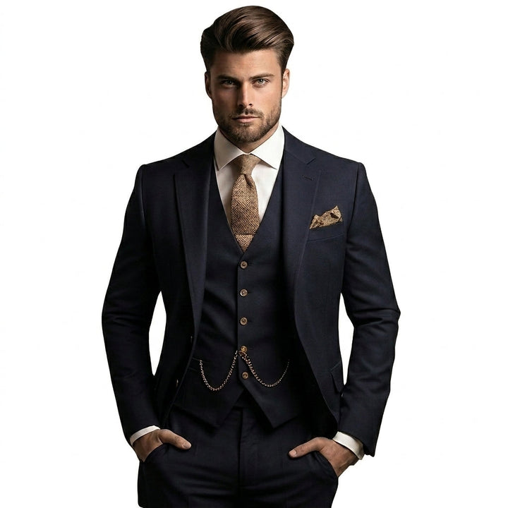 Model draagt het kostuum in donkerblauw met wit overhemd, bruine gebreide stropdas, pochet en horlogeketting aan het gilet, handen in de zakken. 1